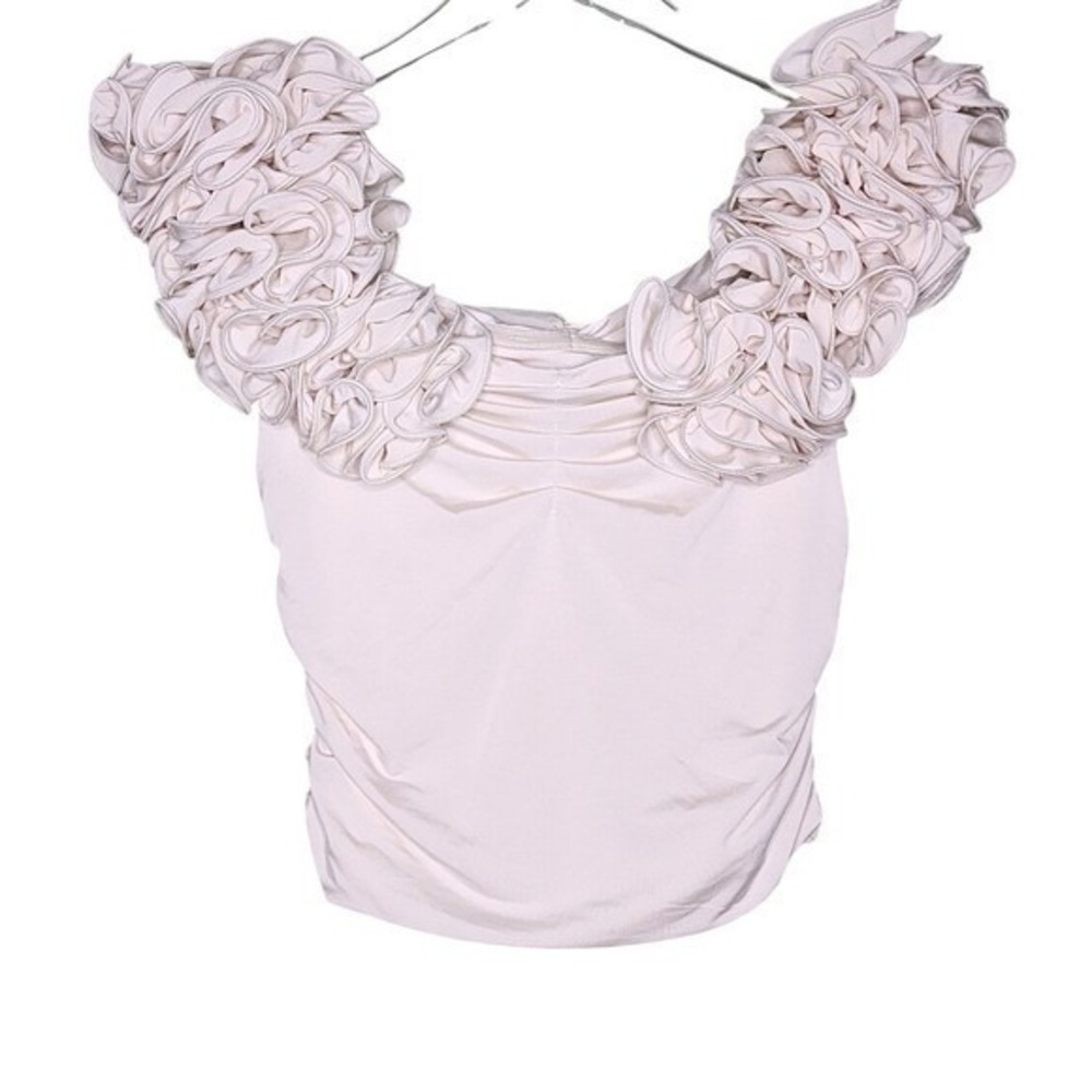 Express‎ Body Contour Top Cream Boho Ruched Rosette Sleeveless Cottage Milkmaid